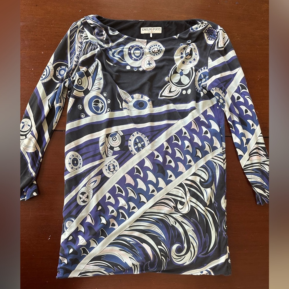Gorgeous silk Emilio Pucci blouse. Slight cowl neck with 3/4 inch sleeves.